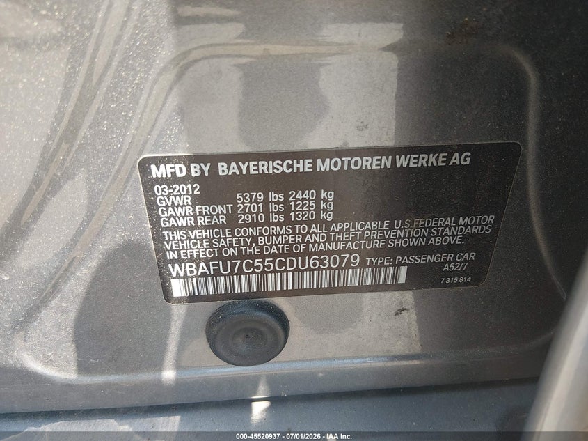 2012 BMW 5er VIN WBAFU7C55CDU63079 IAAI salvage auction — SIDE, Clear (New Jersey), sold $900 on 2026-07-27 (photo 9)