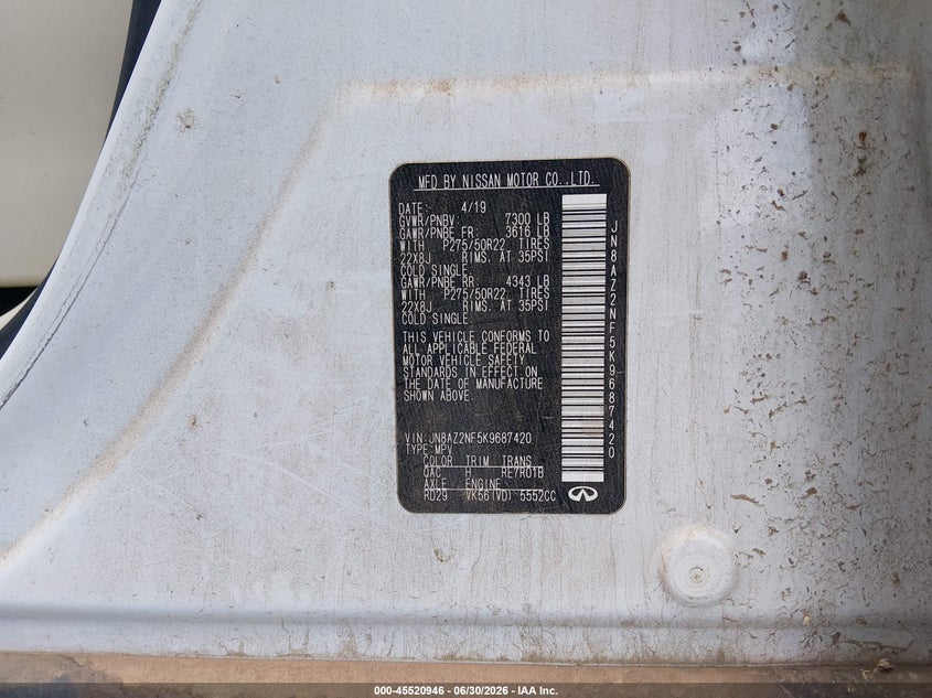 2019 Infiniti Qx80 VIN JN8AZ2NF5K9687420 IAAI salvage auction — UNDERCARRIAGE, Salvage Title, sold $6,500 on 2026-07-29 (photo 9)