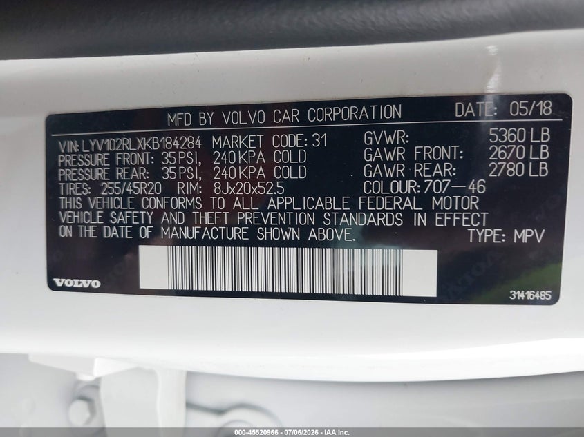 2019 Volvo Xc60 VIN LYV102RLXKB184284 IAAI salvage auction — SIDE, Mv-907A (New York), sold $11,200 on 2026-07-09 (photo 9)