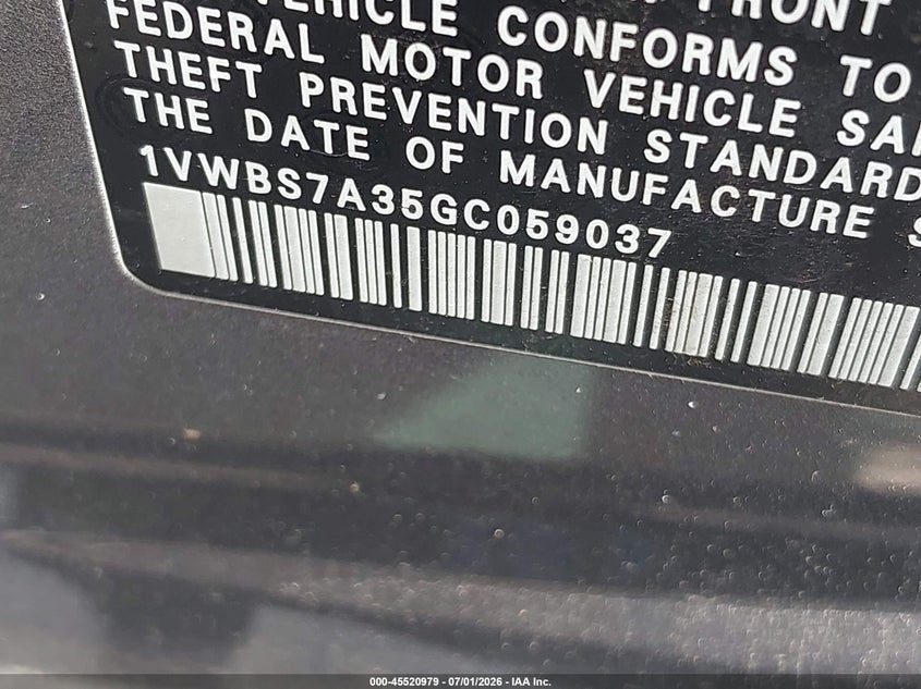2016 Volkswagen Passat VIN 1VWBS7A35GC059037 IAAI salvage auction — FRONT END, Original (Texas), sold $1,650 on 2026-08-14 (photo 9)