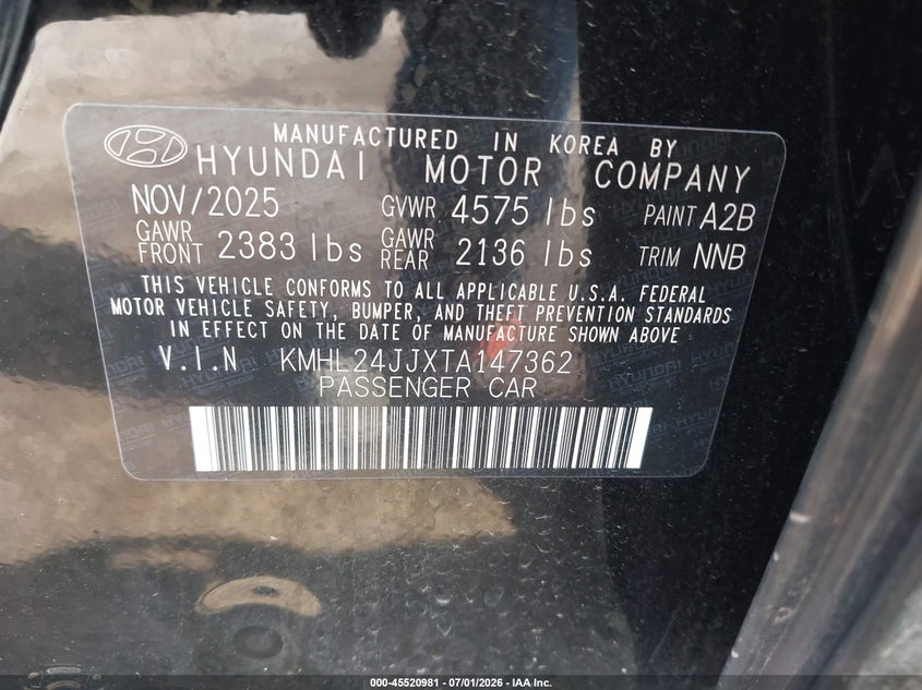 2026 Hyundai Sonata VIN KMHL24JJXTA147362 IAAI salvage auction — FRONT END, Clear (Michigan), sold $11,900 on 2026-07-16 (photo 9)