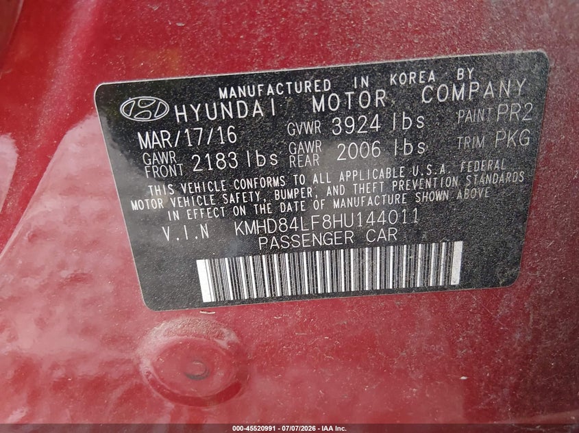 2017 Hyundai Elantra VIN KMHD84LF8HU144011 IAAI salvage auction — FRONT END, Salvage Title, sold $1,000 on 2026-07-24 (photo 9)
