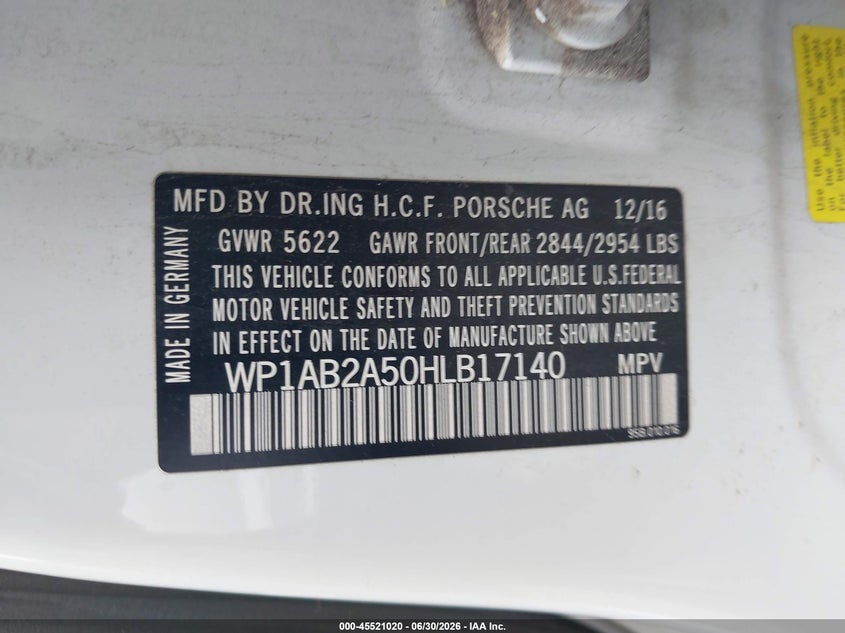 2017 Porsche Macan VIN WP1AB2A50HLB17140 IAAI salvage auction — REAR END, Salvage (Massachusetts), sold $7,500 on 2026-08-06 (photo 9)