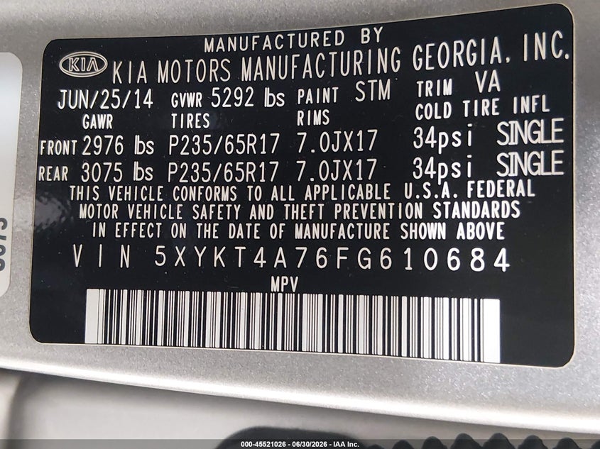 2015 Kia Sorento VIN 5XYKT4A76FG610684 IAAI salvage auction — RIGHT SIDE, Salvage Title, sold $1,350 on 2026-07-29 (photo 9)