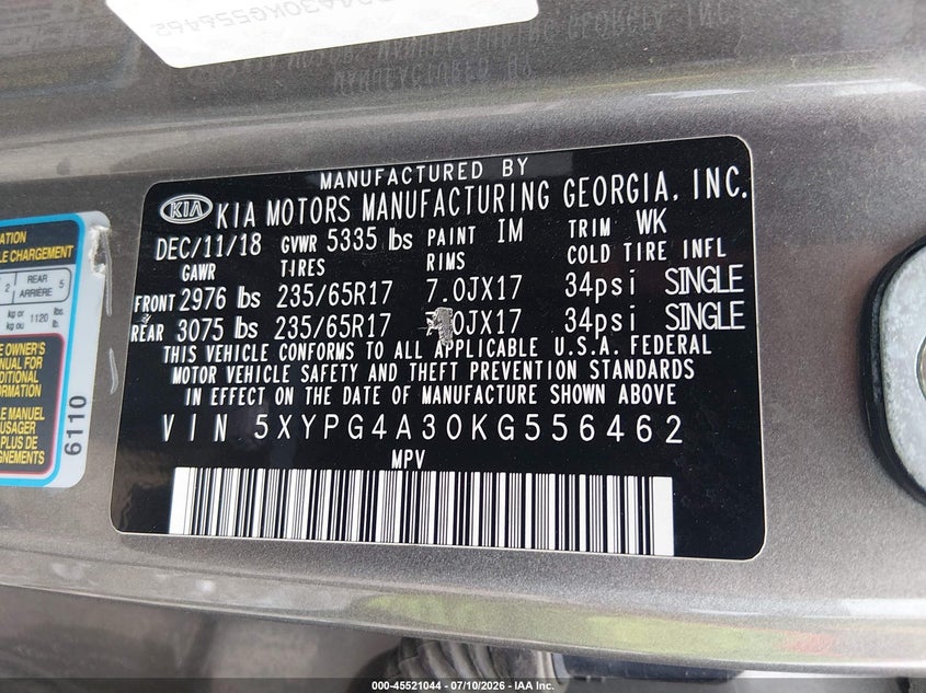2019 Kia Sorento VIN 5XYPG4A30KG556462 IAAI salvage auction — FRONT END, Salvage (Louisiana), sold $2,150 on 2026-07-28 (photo 9)