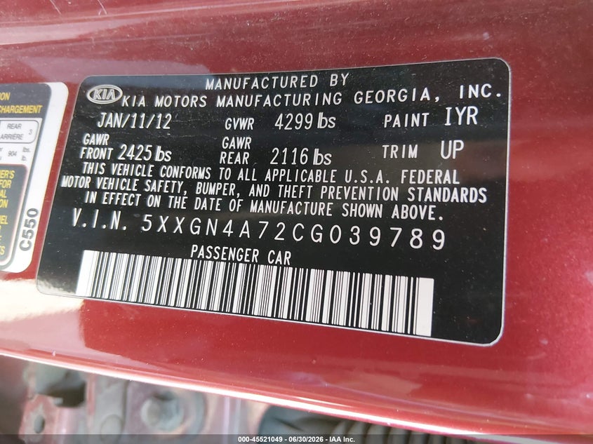 2012 Kia Optima VIN 5XXGN4A72CG039789 IAAI salvage auction — NORMAL WEAR, Salvage Title - Dealer (California), sold $825 on 2026-07-21 (photo 9)