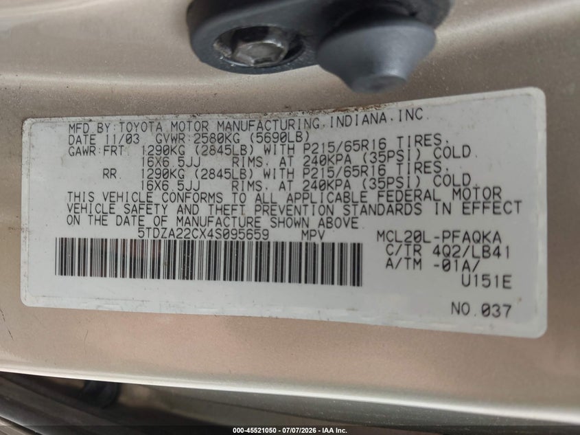 2004 Toyota Sienna VIN 5TDZA22CX4S095659 IAAI salvage auction — NORMAL WEAR, Original (Ohio), sold $925 on 2026-07-29 (photo 9)