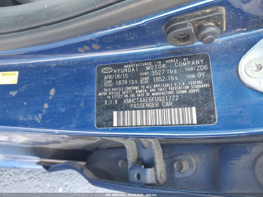 2015 Hyundai Accent VIN KMHCT4AE6FU921772 IAAI salvage auction — NORMAL WEAR, Clear (Georgia), sold $325 on 2026-07-29 (photo 9)