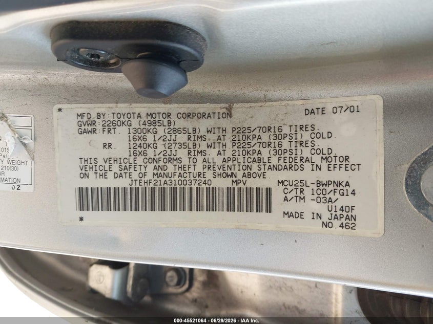 2001 Toyota Highlander VIN JTEHF21A310037240 IAAI salvage auction — NORMAL WEAR, Clear - Dealer Only (California), sold $525 on 2026-07-29 (photo 9)