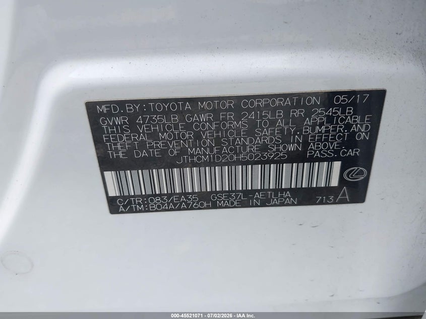 2017 Lexus Is VIN JTHCM1D20H5023925 IAAI salvage auction — REAR END, Salvage Title, sold $11,600 on 2026-07-23 (photo 9)