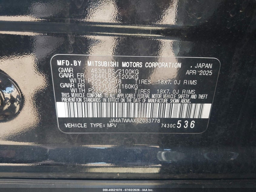 2025 Mitsubishi Eclipse cross VIN JA4ATWAAXSZ033778 IAAI salvage auction — FRONT & REAR, Original (Maine), sold $12,100 on 2026-07-23 (photo 9)
