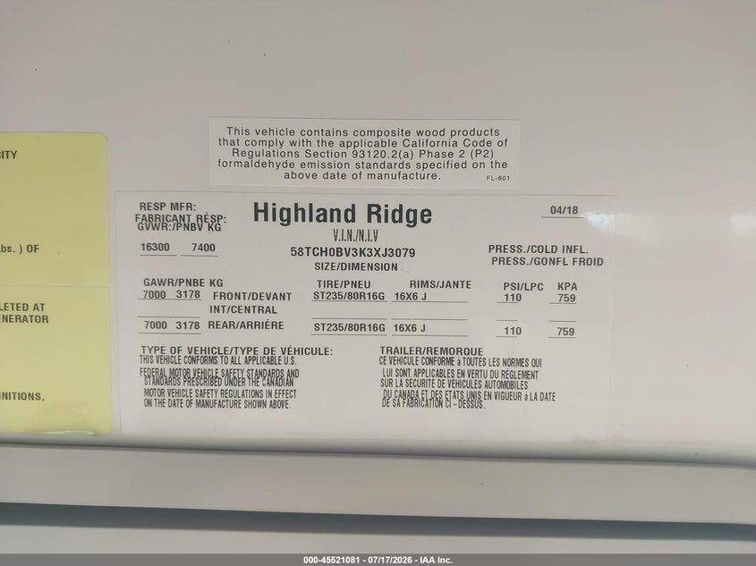 2019 Highland ridge Other VIN 58TCH0BV3K3XJ3079 IAAI salvage auction — HAIL, Regular Certificate (Iowa), sold $15,250 on 2026-08-11 (photo 9)