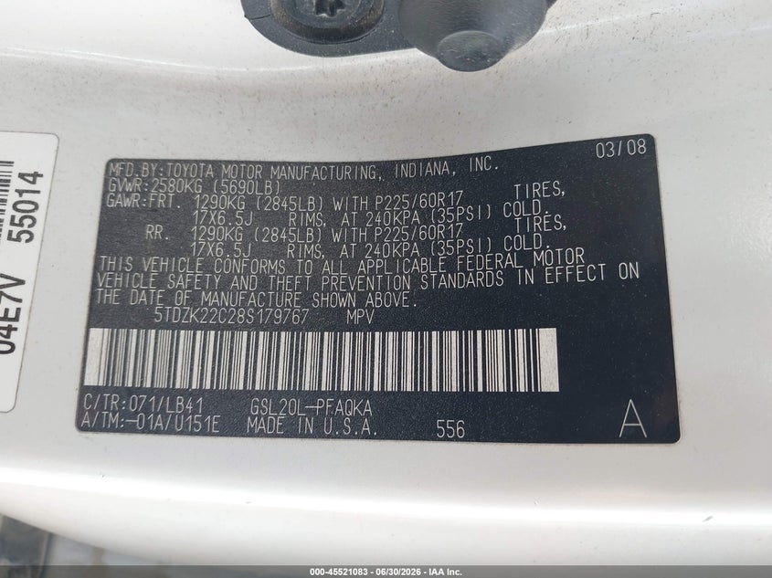 2008 Toyota Sienna VIN 5TDZK22C28S179767 IAAI salvage auction — NORMAL WEAR, Regular Certificate (Iowa), sold $500 on 2026-07-28 (photo 9)