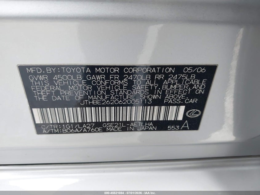 2006 Lexus Is 350 VIN JTHBE262062005113 IAAI salvage auction — RIGHT SIDE, Salvage (California), sold $1,550 on 2026-07-23 (photo 9)