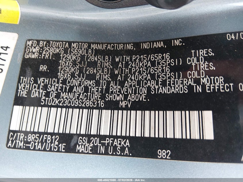 2009 Toyota Sienna VIN 5TDZK23C09S286316 IAAI salvage auction — NORMAL WEAR, Clear (Louisiana), sold $1,825 on 2026-07-13 (photo 9)