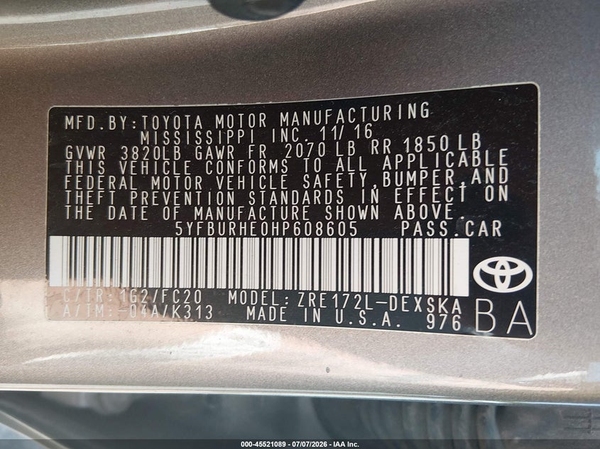 2017 Toyota Corolla VIN 5YFBURHE0HP608605 IAAI salvage auction — FRONT END, Salvage (Mississippi), sold $2,750 on 2026-07-29 (photo 9)