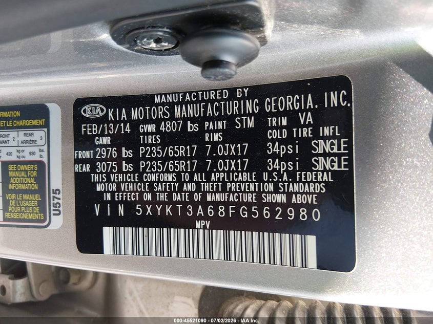 2015 Kia Sorento VIN 5XYKT3A68FG562980 IAAI salvage auction — ENGINE DAMAGE, Clear (North Carolina), sold $1,050 on 2026-07-15 (photo 9)