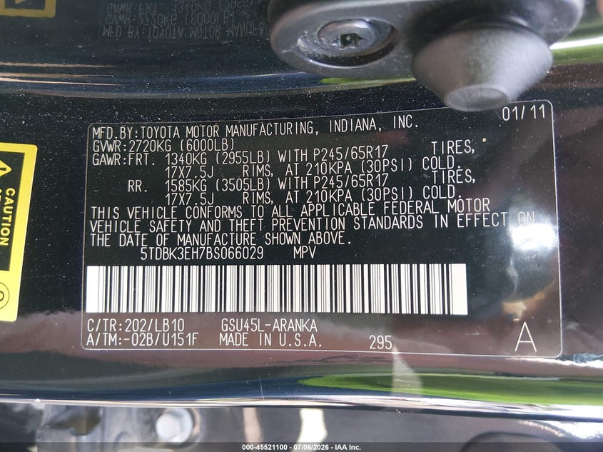 2011 Toyota Highlander VIN 5TDBK3EH7BS066029 IAAI salvage auction — FRONT END, Salvage (West Virginia), sold $1,850 on 2026-07-30 (photo 9)