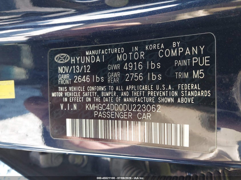 2013 Hyundai Genesis VIN KMHGC4DD0DU223062 IAAI salvage auction — NORMAL WEAR, Clear (Alabama), sold $325 on 2026-08-01 (photo 9)