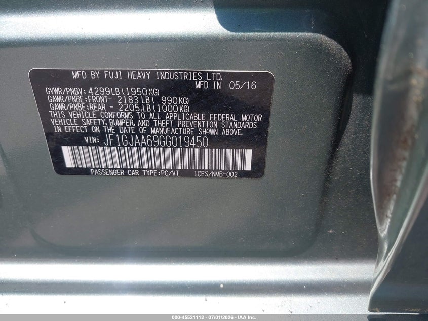 2016 Subaru Impreza VIN JF1GJAA69GG019450 IAAI salvage auction — TOTAL BURN, Mv-907A (New York), sold $275 on 2026-07-15 (photo 9)