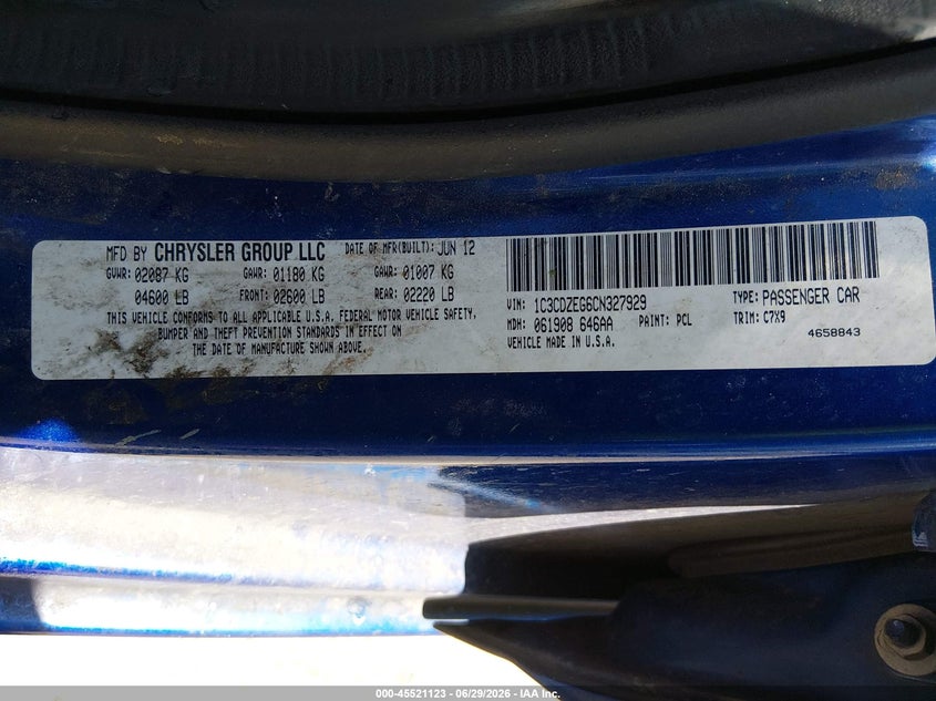 2012 Dodge Avenger VIN 1C3CDZEG6CN327929 IAAI salvage auction — NORMAL WEAR, Clear (Nevada), sold $100 on 2026-07-24 (photo 9)