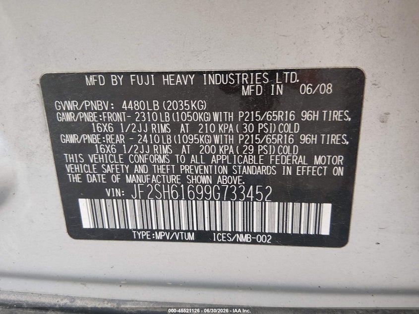 2009 Subaru Forester VIN JF2SH61699G733452 IAAI salvage auction — REAR END, Salvage (Pennsylvania), sold $250 on 2026-07-31 (photo 9)
