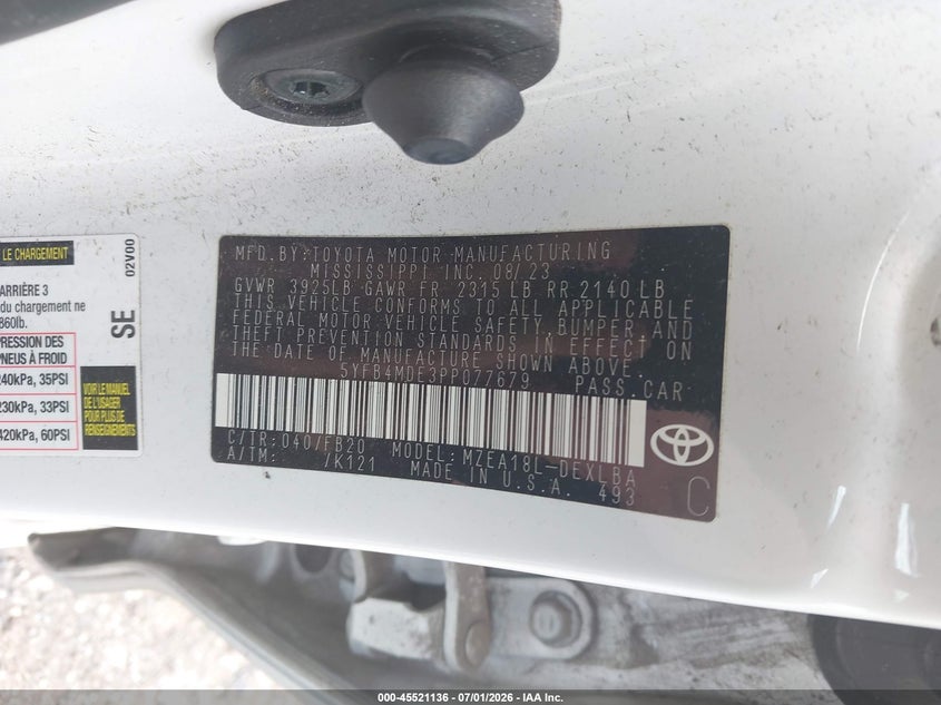 2023 Toyota Corolla VIN 5YFB4MDE3PP077679 IAAI salvage auction — FRONT & REAR, Salvage Title, sold $4,450 on 2026-07-23 (photo 9)