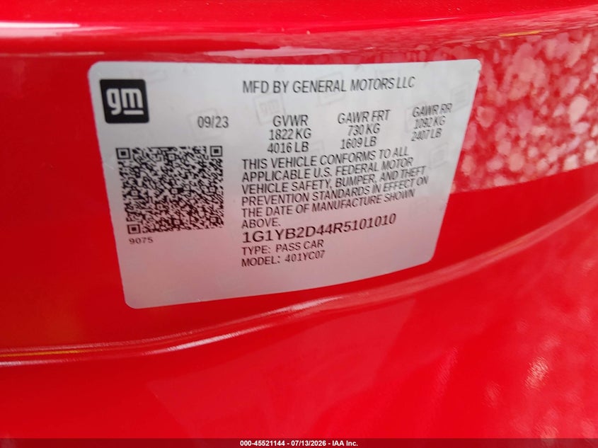 2024 Chevrolet Corvette VIN 1G1YB2D44R5101010 IAAI salvage auction — FRONT END, Salvage (West Virginia), sold $33,075 on 2026-08-26 (photo 9)