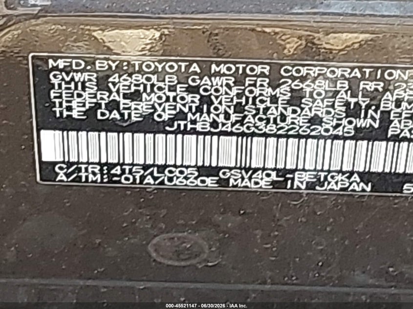 2008 Lexus Es 350 VIN JTHBJ46G382262045 IAAI salvage auction — FRONT & REAR, Mv-907A (New York), sold $25 on 2026-07-28 (photo 9)