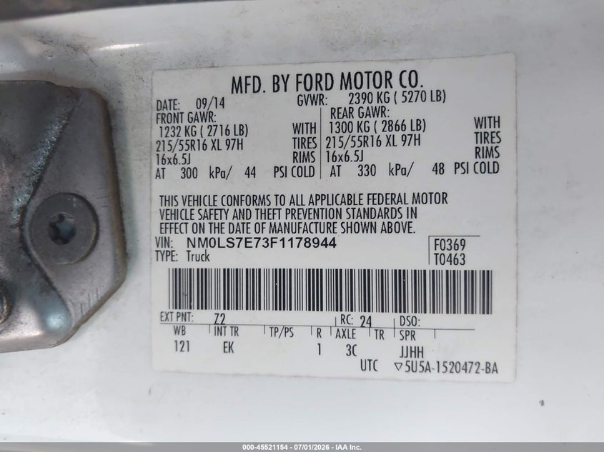 2015 Ford Transit VIN NM0LS7E73F1178944 IAAI salvage auction — FRONT END, Rebuildable (Florida), sold $950 on 2026-07-29 (photo 9)