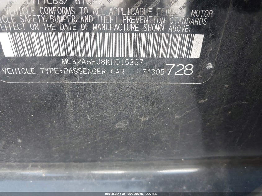 2019 Mitsubishi Mirage VIN ML32A5HJ8KH015367 IAAI salvage auction — NORMAL WEAR, Clear (Arkansas), sold $1,000 on 2026-07-15 (photo 9)