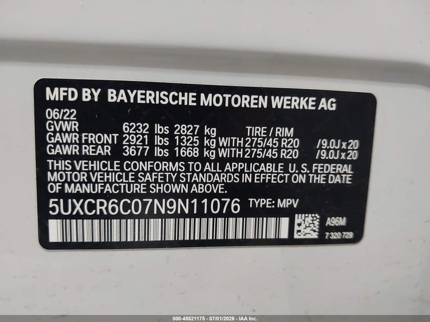2022 BMW X5 VIN 5UXCR6C07N9N11076 IAAI salvage auction — FRONT END, Salvage Title, sold $20,400 on 2026-07-30 (photo 9)