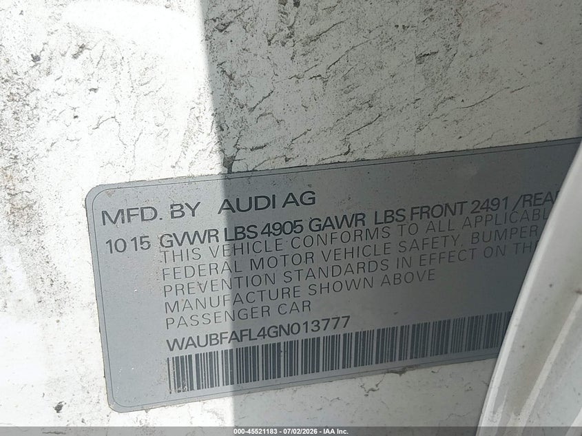 2016 Audi A4 VIN WAUBFAFL4GN013777 IAAI salvage auction — RIGHT FRONT, Clear (Massachusetts), sold $450 on 2026-07-14 (photo 9)