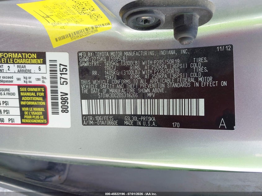 2013 Toyota Sienna VIN 5TDXK3DC2DS318266 IAAI salvage auction — FRONT END, Salvage Title, sold $850 on 2026-07-30 (photo 9)