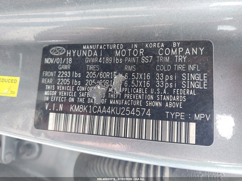 2019 Hyundai Kona VIN KM8K1CAA4KU254574 IAAI salvage auction — FRONT END, Mv-907A (New York), sold $3,000 on 2026-07-16 (photo 9)