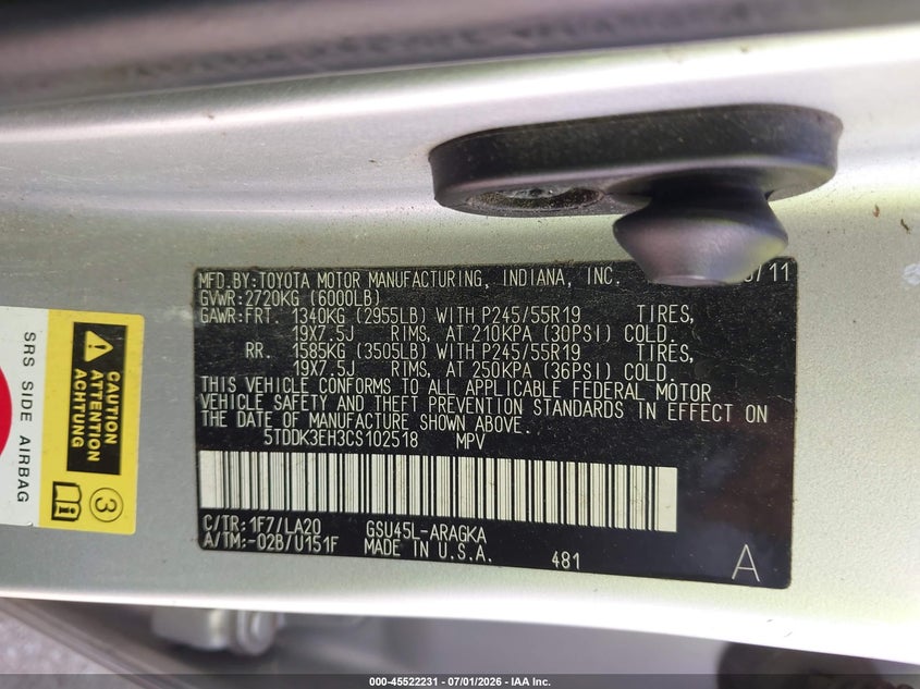 2012 Toyota Highlander VIN 5TDDK3EH3CS102518 IAAI salvage auction — NORMAL WEAR, Original (Ohio), sold $4,600 on 2026-07-06 (photo 9)