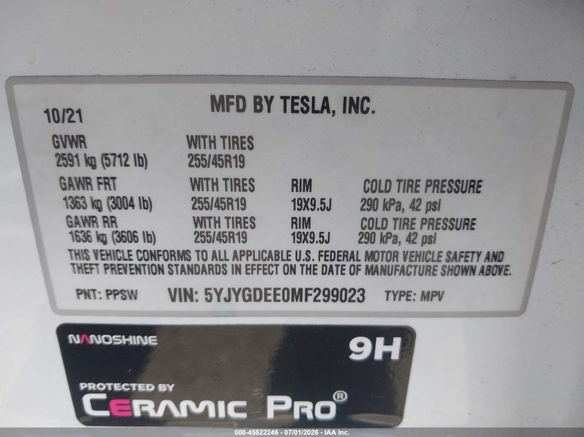 2021 Tesla Model y VIN 5YJYGDEE0MF299023 IAAI salvage auction — RIGHT SIDE, Salvage (California), sold $7,600 on 2026-07-28 (photo 9)