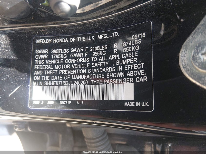 2018 Honda Civic VIN SHHFK7H52JU240200 IAAI salvage auction — FRONT & REAR, Wait Title, sold $2,850 on 2026-08-01 (photo 9)