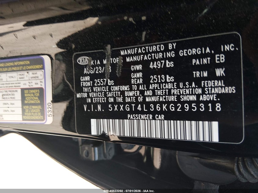 2019 Kia Optima VIN 5XXGT4L36KG295318 IAAI salvage auction — REAR END, Salvage (Ohio), sold $725 on 2026-07-28 (photo 9)