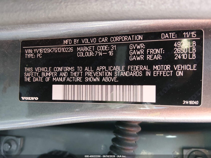 2016 Volvo V60 VIN YV1612SK7G1310226 IAAI salvage auction — NORMAL WEAR, Clear (California), sold $300 on 2026-07-24 (photo 9)