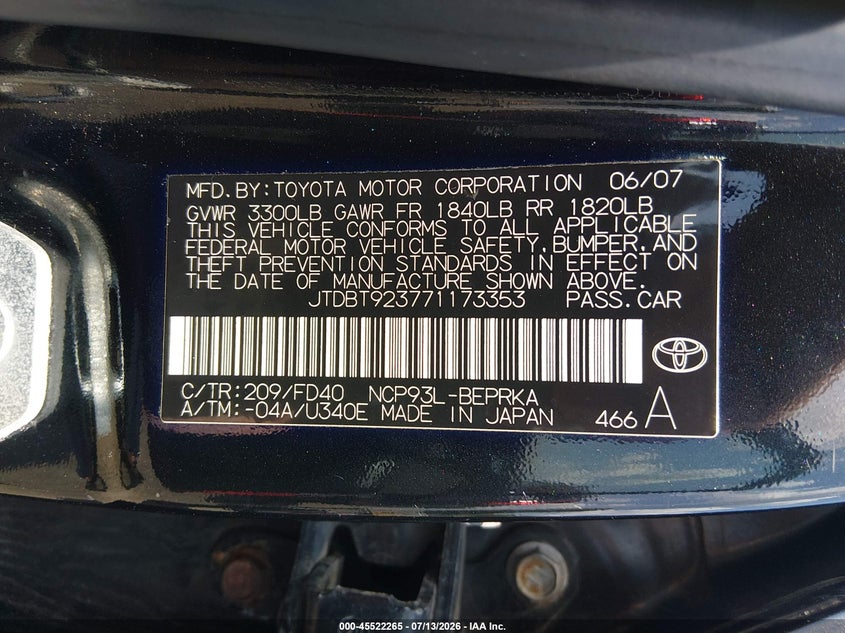 2007 Toyota Yaris VIN JTDBT923771173353 IAAI salvage auction — SIDE, Salvage (Ohio), sold $675 on 2026-07-26 (photo 9)