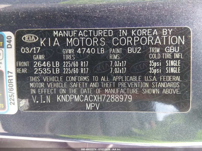 2017 Kia Sportage VIN KNDPMCACXH7288979 IAAI salvage auction — REAR END, Salvage Title, sold $2,600 on 2026-07-28 (photo 9)