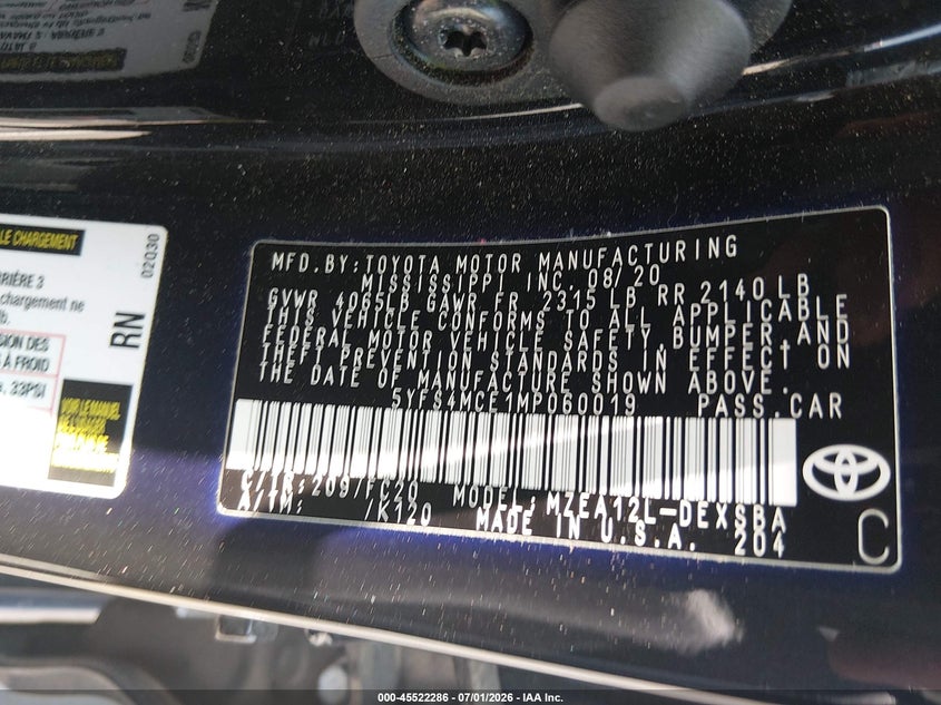 2021 Toyota Corolla VIN 5YFS4MCE1MP060019 IAAI salvage auction — LEFT REAR, Salvage (North Carolina), sold $4,200 on 2026-07-29 (photo 9)