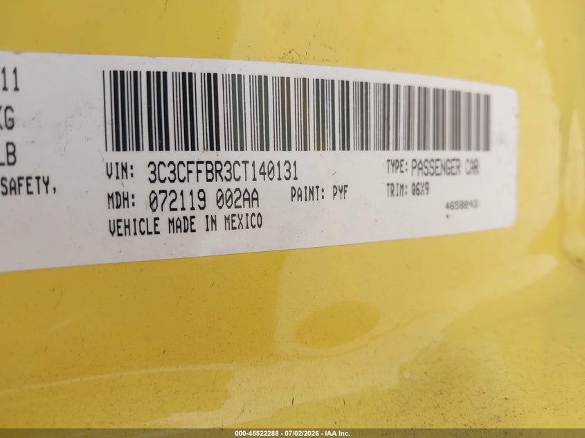 2012 Fiat 500 VIN 3C3CFFBR3CT140131 IAAI salvage auction — NORMAL WEAR, Clear - Dealer Only (California), sold $475 on 2026-07-29 (photo 9)