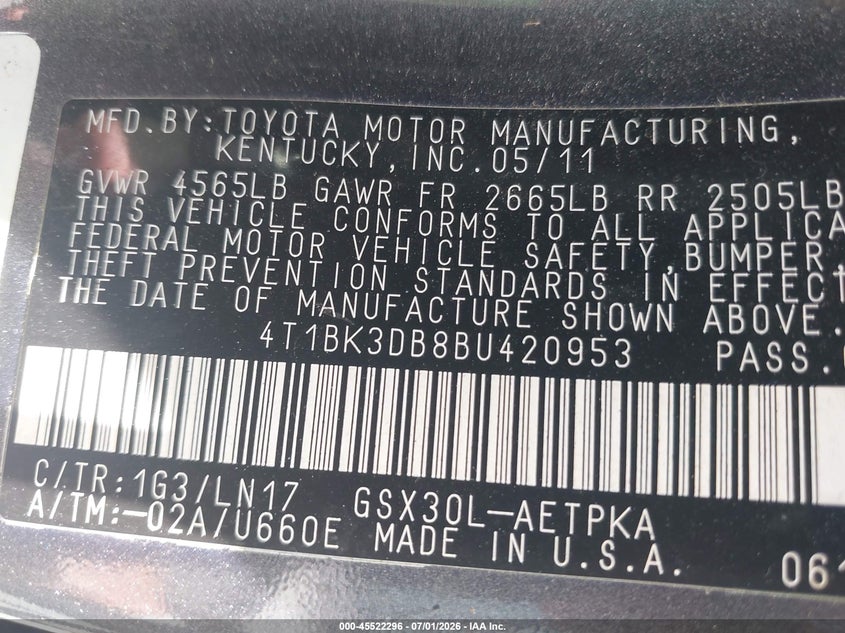 2011 Toyota Avalon VIN 4T1BK3DB8BU420953 IAAI salvage auction — FRONT END, Salvage (North Carolina), sold $1,625 on 2026-08-01 (photo 9)