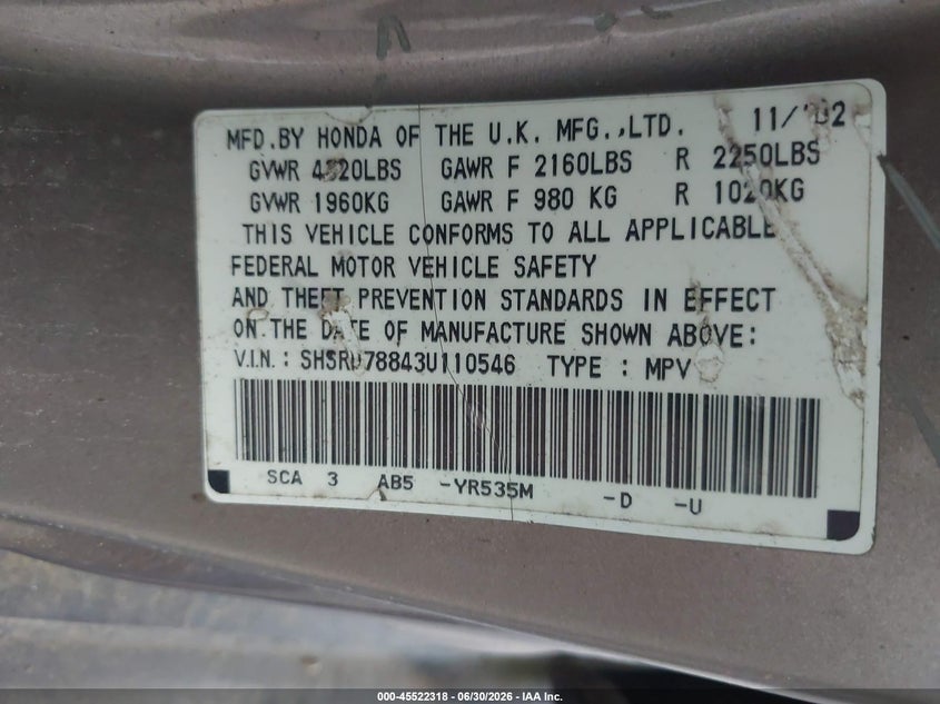 2003 Honda Cr-v VIN SHSRD78843U110546 IAAI salvage auction — NORMAL WEAR, Clear (New York), sold $425 on 2026-07-29 (photo 9)