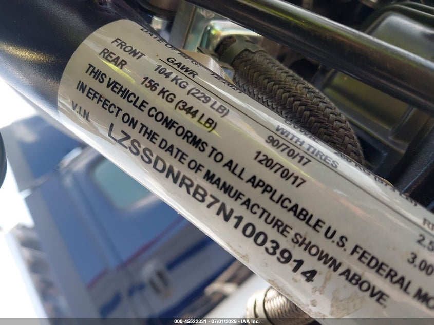 2022 Csc motorcycles Mc VIN LZSSDNRB7N1003914 IAAI salvage auction — NORMAL WEAR, Clear (Pennsylvania), sold $825 on 2026-07-28 (photo 9)