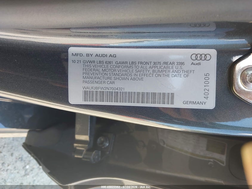 2022 Audi E-tron gt VIN WAUFJBFW2N7004321 IAAI salvage auction — REAR END, Salvage Title, sold $23,300 on 2026-08-19 (photo 9)