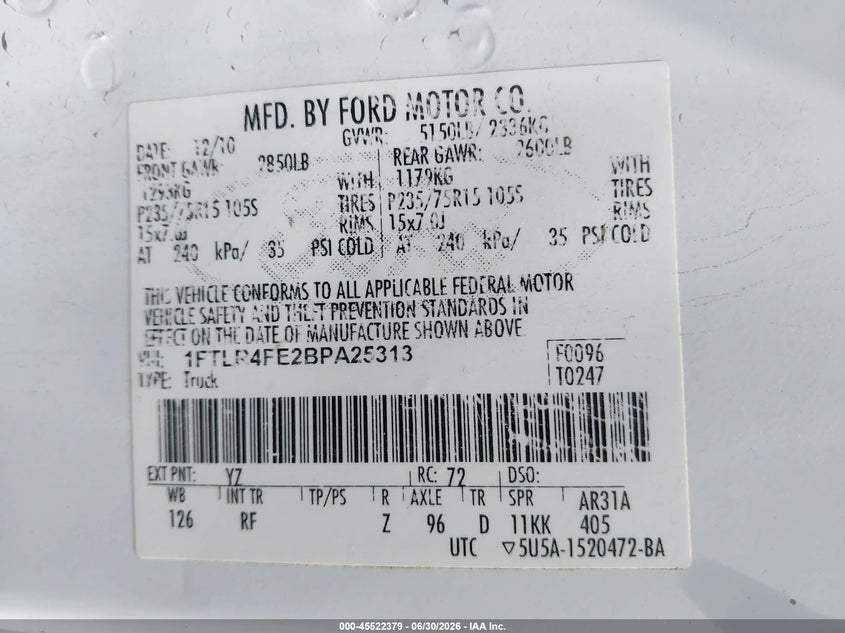 2011 Ford Ranger VIN 1FTLR4FE2BPA25313 IAAI salvage auction — RIGHT FRONT, Salvage (California), sold $1,400 on 2026-07-09 (photo 9)