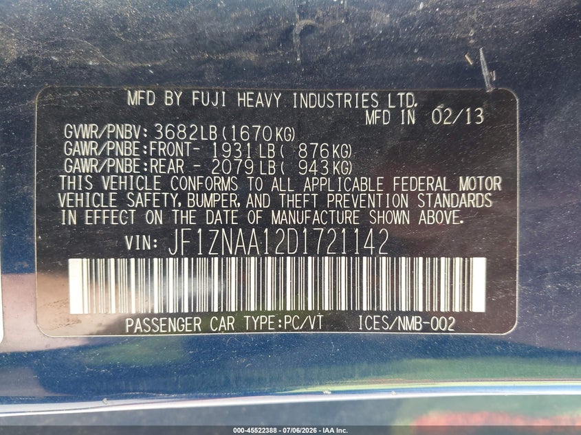 2013 Scion Fr-s VIN JF1ZNAA12D1721142 IAAI salvage auction — NORMAL WEAR, Clear (Illinois), sold $975 on 2026-07-20 (photo 9)